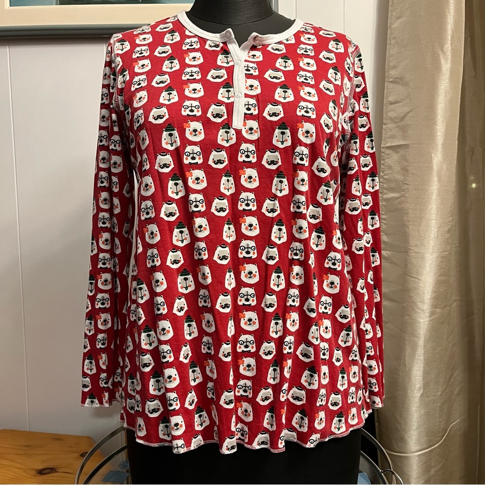 Roller Rabbit Bearry Holidays PJ Top Patterned Bears Red Henley Long Sleeve Pima